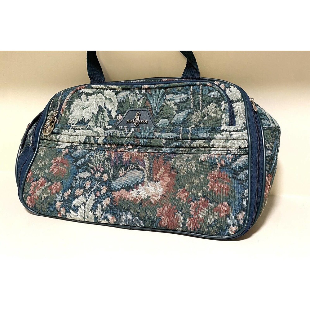 Vintage ATLANTIC Tapestry Travel Green Foral Zip Closure Tote Bag Shoulder Strap